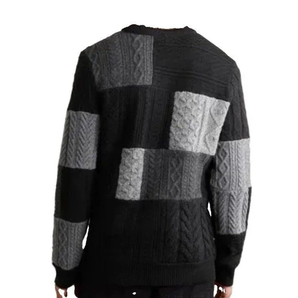 J. CREW Men's Patchwork Cable-Knit Sweater Black Gray  Wool-Cashmere Size Small